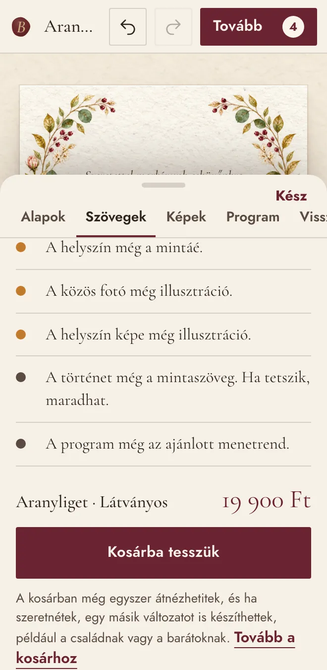 A „Mielőtt elküldenétek” lista: ami még a mintából maradt, alatta az ár és a kosár gombja
