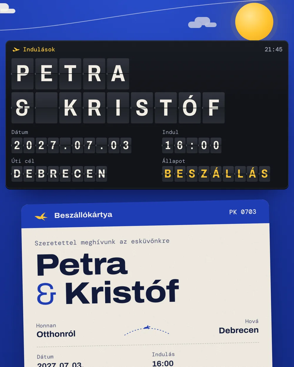 Beszállókártya digitális esküvői meghívó